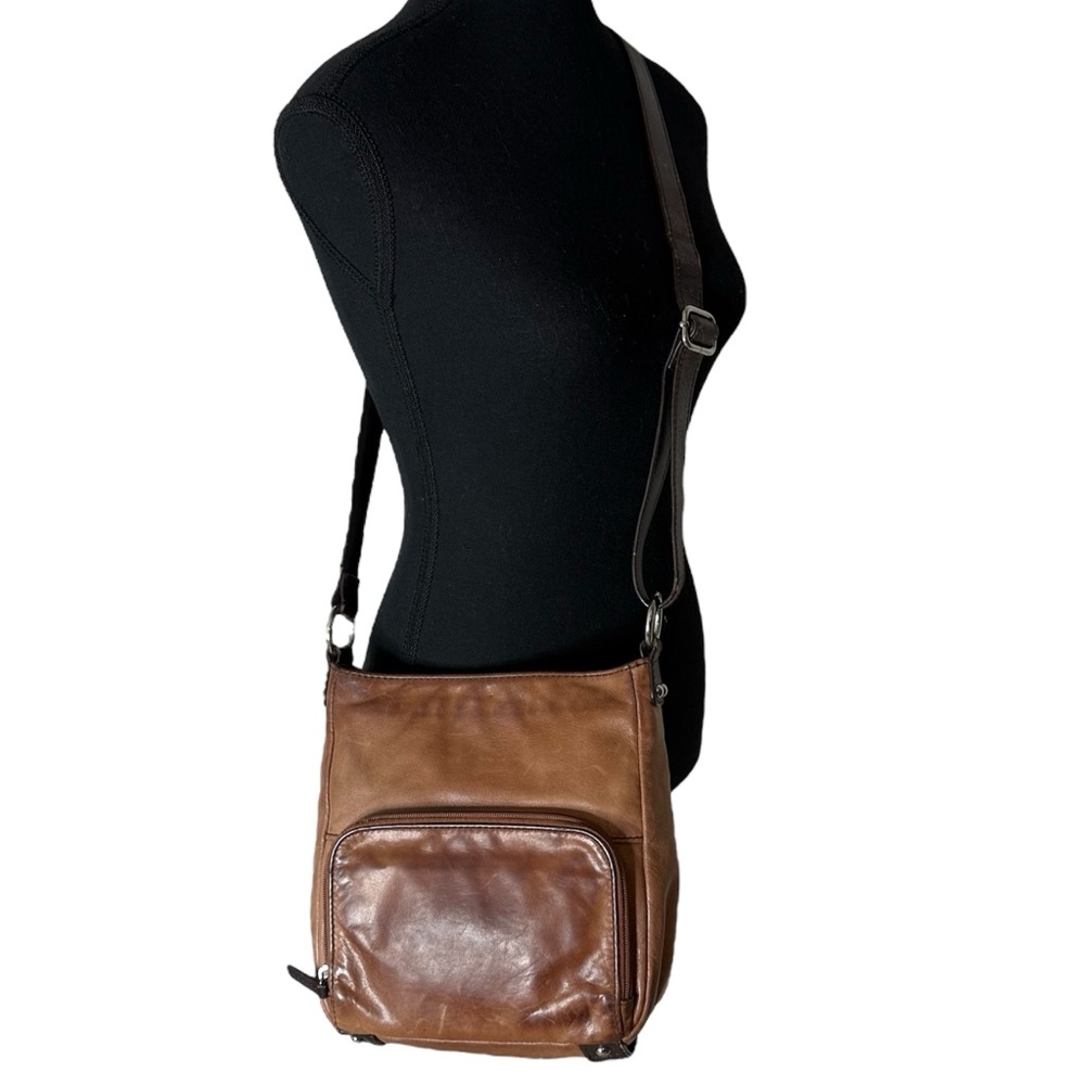 DANIER Leather Camel Tan Brown Crossbody Bag Multi Zipper Adjustable Strap *Flaw - Picture 3 of 16